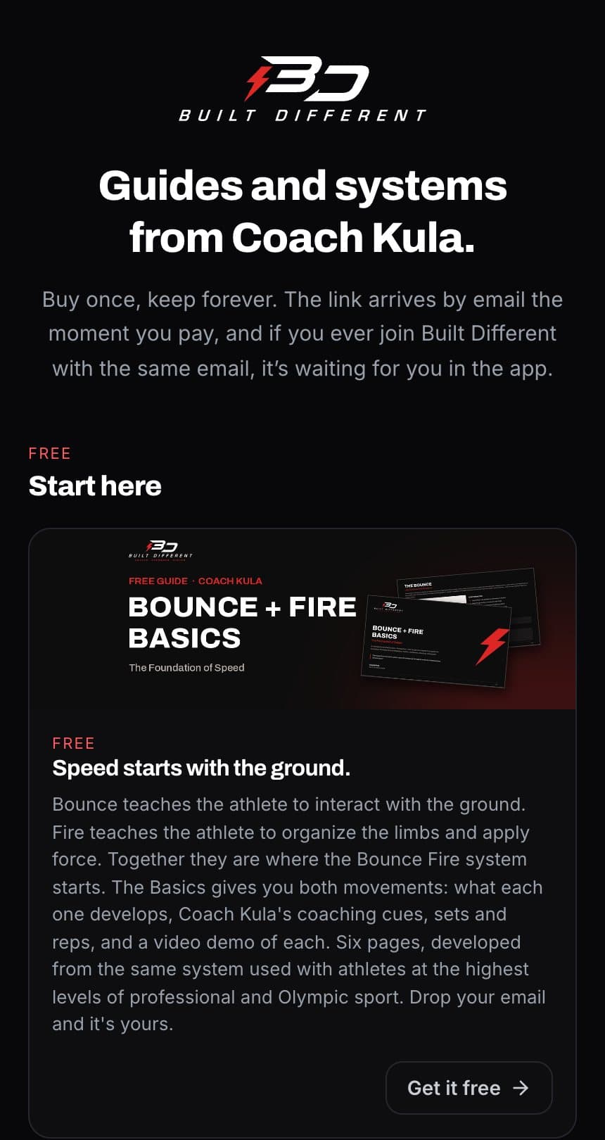 The Built Different shop on a phone, with Coach Kula's free Bounce + Fire guide