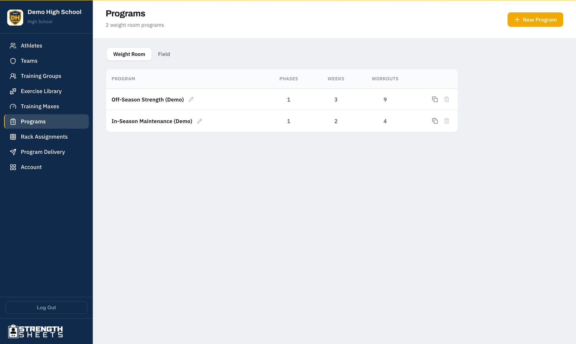 The Strength Sheets programs page with two sample programs