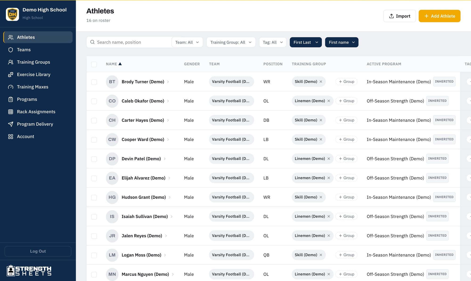 The Strength Sheets athletes page with a sample roster